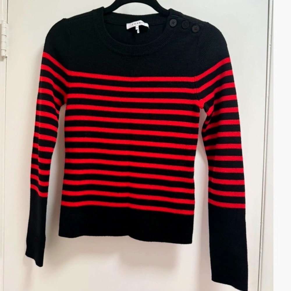 FRAME Noir Multi Striped Merino Wool Button Shoulder Sweater LWSW0415 Women S
